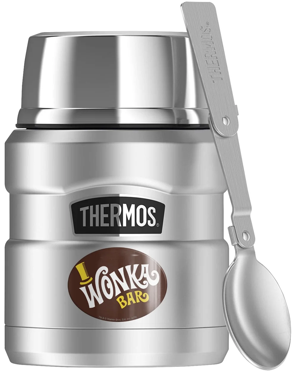 Willy Wonka & The Chocolate Factory Wonka Bar Logoable, THERMOS STAINLESS KING Stainless Steel Food Jar with Folding Spoon, Vacuum insulated & Double Wall, 16oz