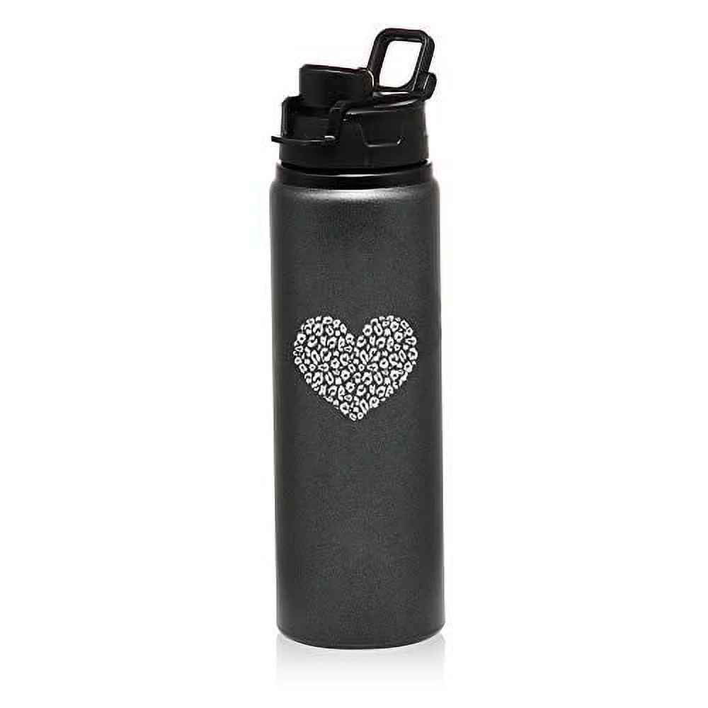 MIP Brand 25 oz Aluminum Sports Water Travel Bottle Leopard Print Love Heart (Charcoal)