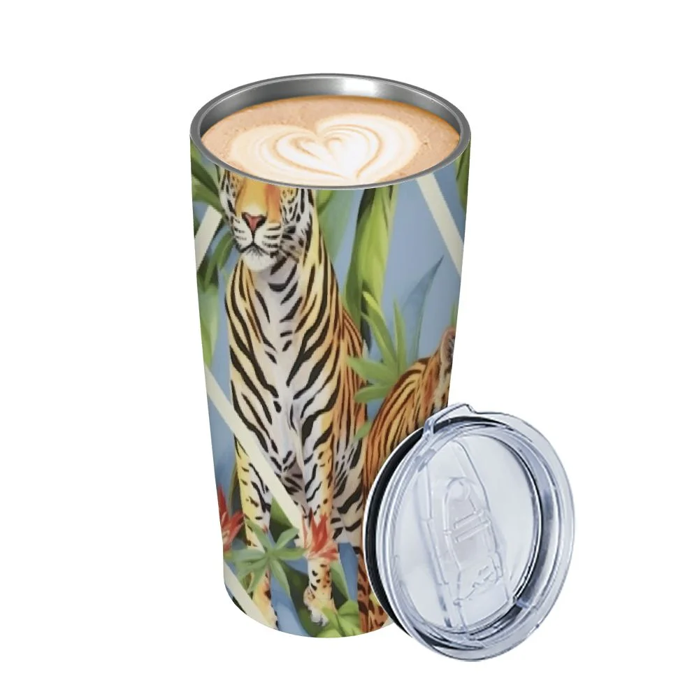 Shangniulu Tiger Leopard Tropical Leaves Funny Tumbler Stainless Steel Coffee Mug Insulated Travel Car Cup with Straw and Lid Water Bottle 20 Oz