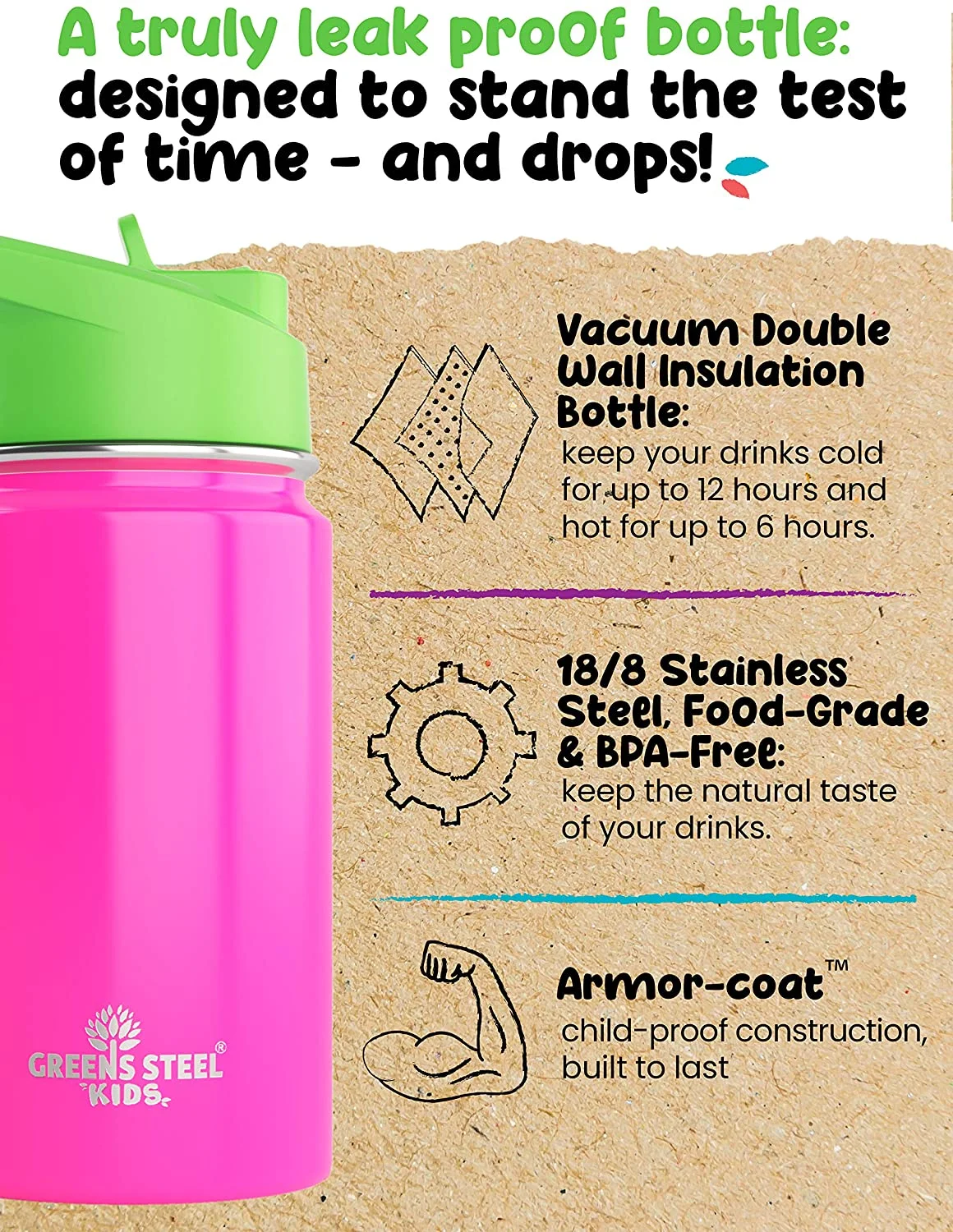 Kids Water Bottle - 12oz Pink | Leak Proof With Straw & Handle | 24 Hours Cold | Insulated, Double Wall Stainless Steel | Easy Sip Toddler Cup | Child's Flask | Eco Friendly