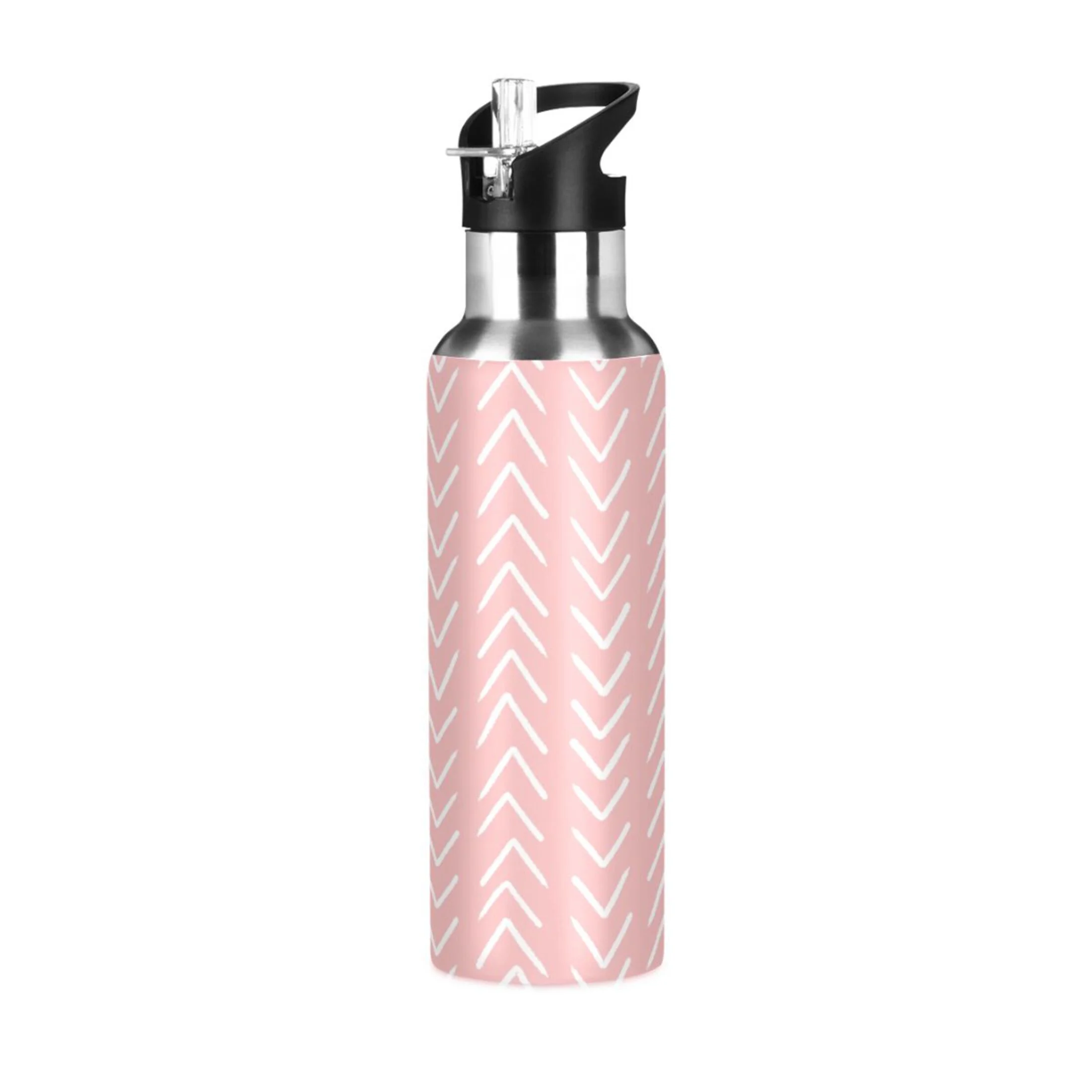 Stainless Steel Water Bottle Pink Stripes with Straw Lid Vacuum Insulated Leak Proof Flask Jug for Gym Travel Sports Cycling Outdoor 20 OZ