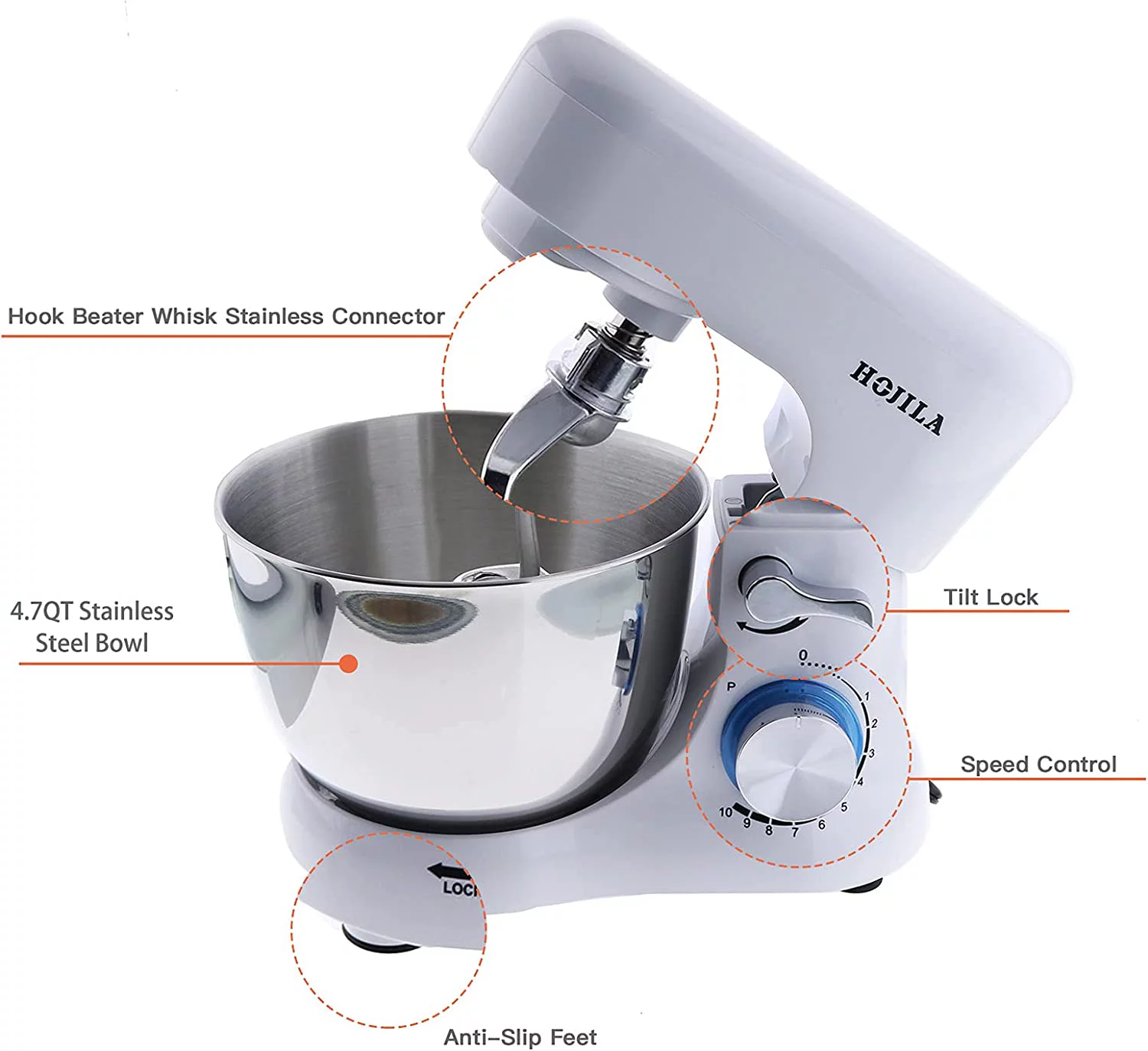HOJILA 4.7QT 10 Speed 380W White Professional Stand Mixer