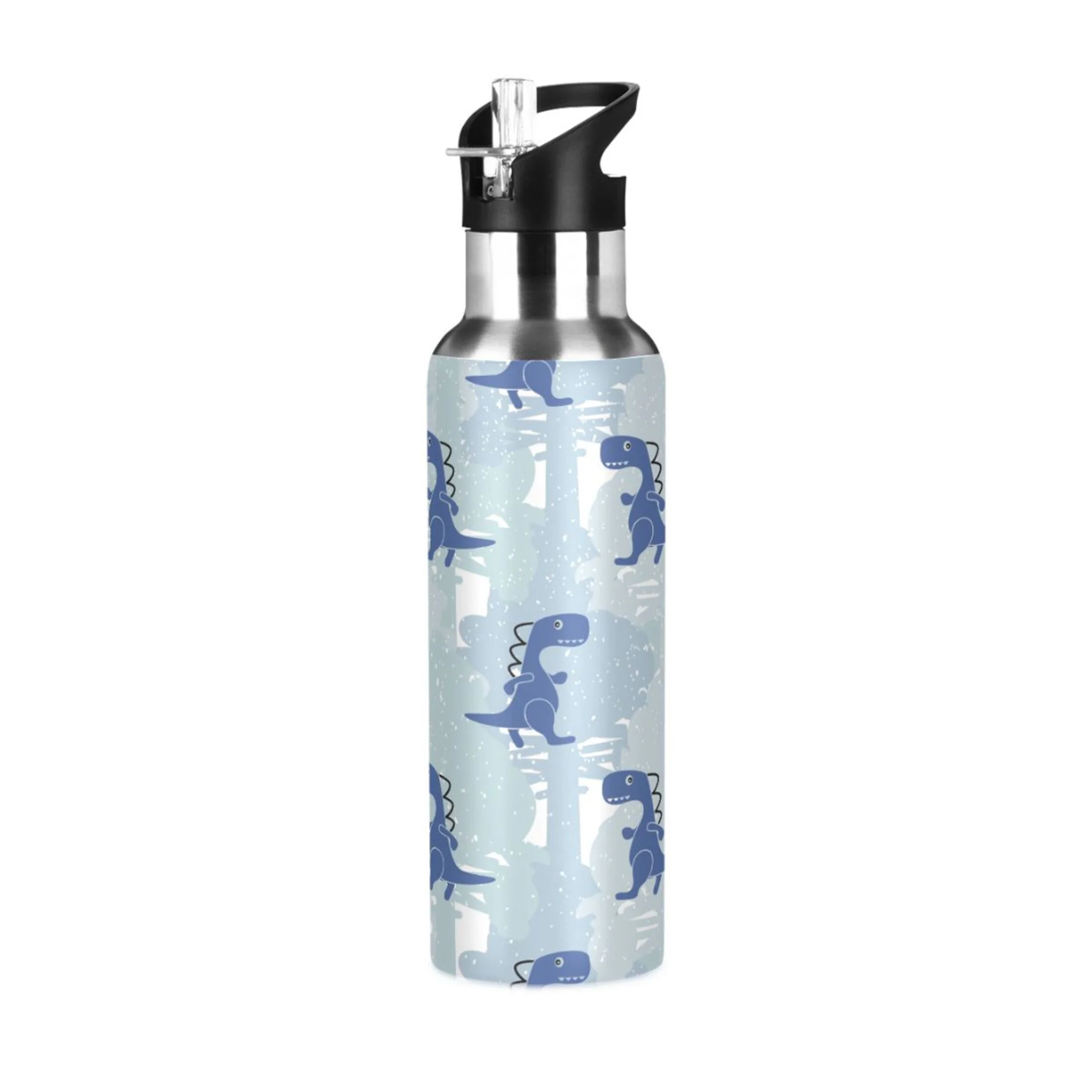 Stainless Steel Water Bottle Dinosaur Blue with Straw Lid Vacuum Insulated Keeps Hot and Cold Leak Proof Flask Jug for Gym Travel Sports Cycling Outdoor 20 OZ