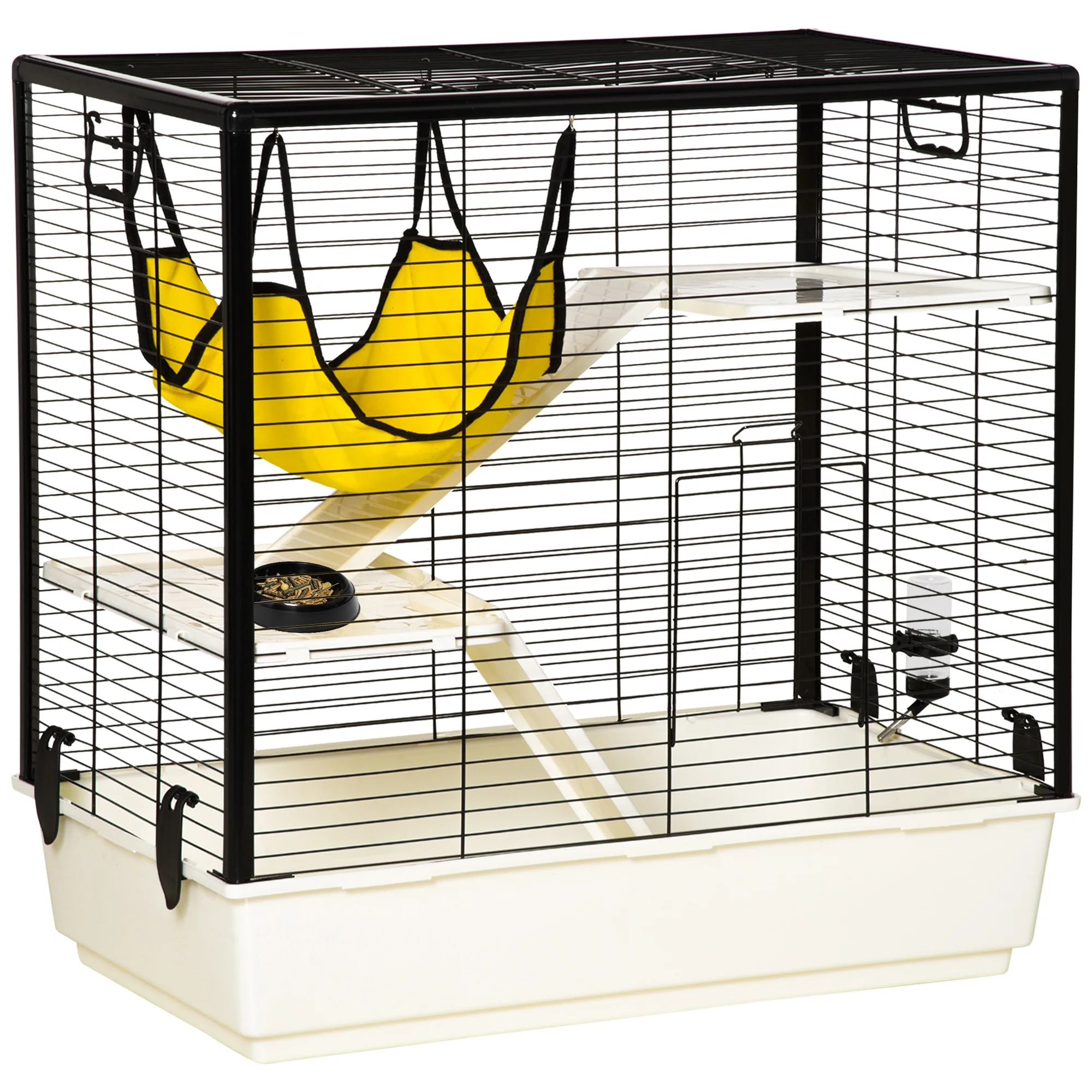 PawHut Small Animal Cage Habitat Indoor Pet Play House for Guinea Pigs Ferrets Chinchillas, With Accessories Hammock Water Bottle Balcony Ramp Food Dish, 31.5