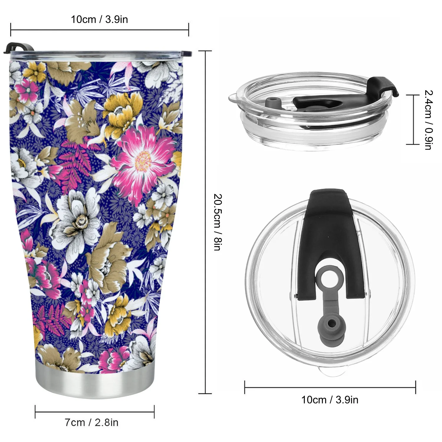 Hidove Stainless Steel Tumbler, Watercolor Flowers Fabric Pattern on Navy 30oz Leak Proof & Stainless Steel Bottle for Hot & Cold Drinks - Coffee Travel Mug, Water Metal Canteen, Thermal Cup
