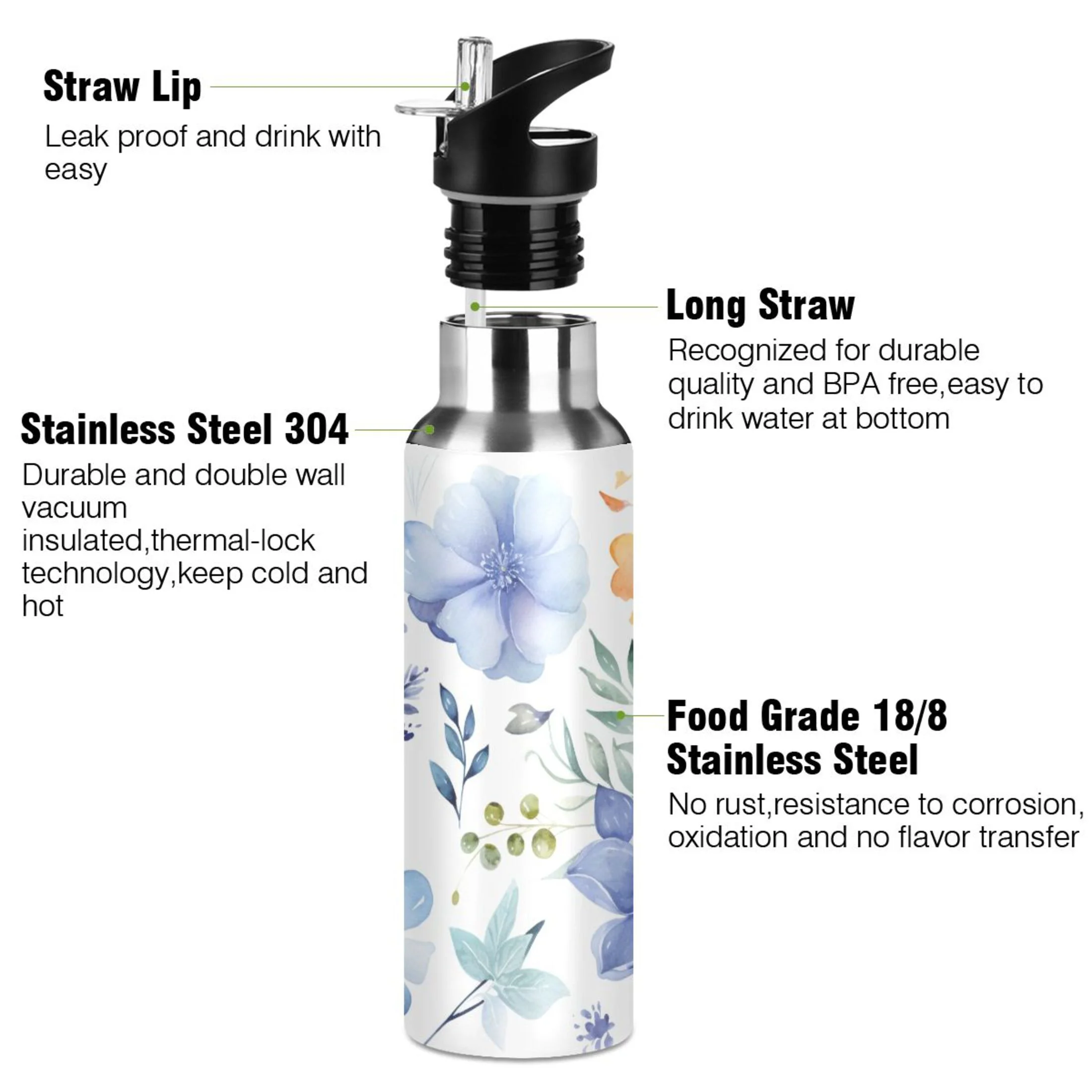Blue Flower and Leaves Water Bottles Insulated Thermos Kids Stainless Steel Bottle with Straw Lid Flask Leakproof for Sports Gym 20 oz