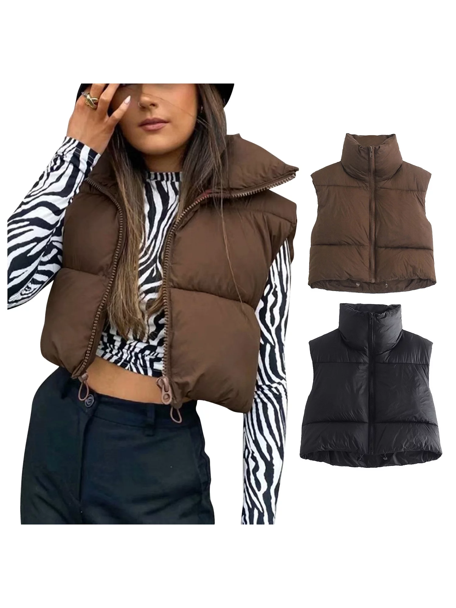 wsevypo Women Y2K Winter Crop Puffer Vest Warm Lightweight Sleeveless Down Jacket Full-Zip Stand Collar Padded Gilet