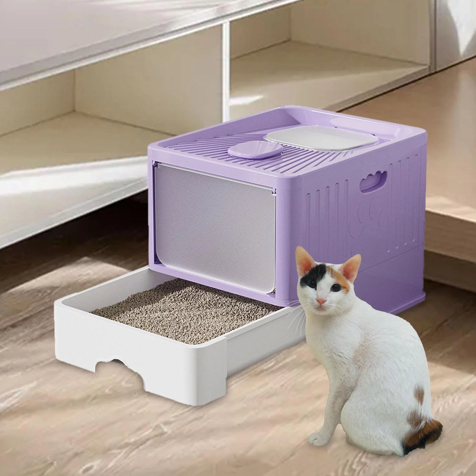 Foldable Cat Litter Box Anti-splashing High Sides Easy Clean Durable Cat Toilet Violet