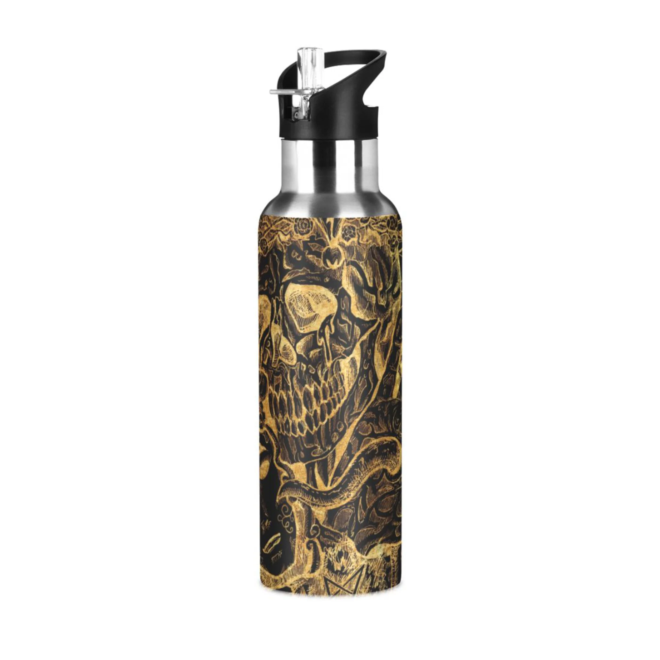 Golden Skull with Mask Water Bottles Insulated Thermos Kids Stainless Steel Bottle with Straw Lid Flask Leakproof for Sports Gym 20 oz