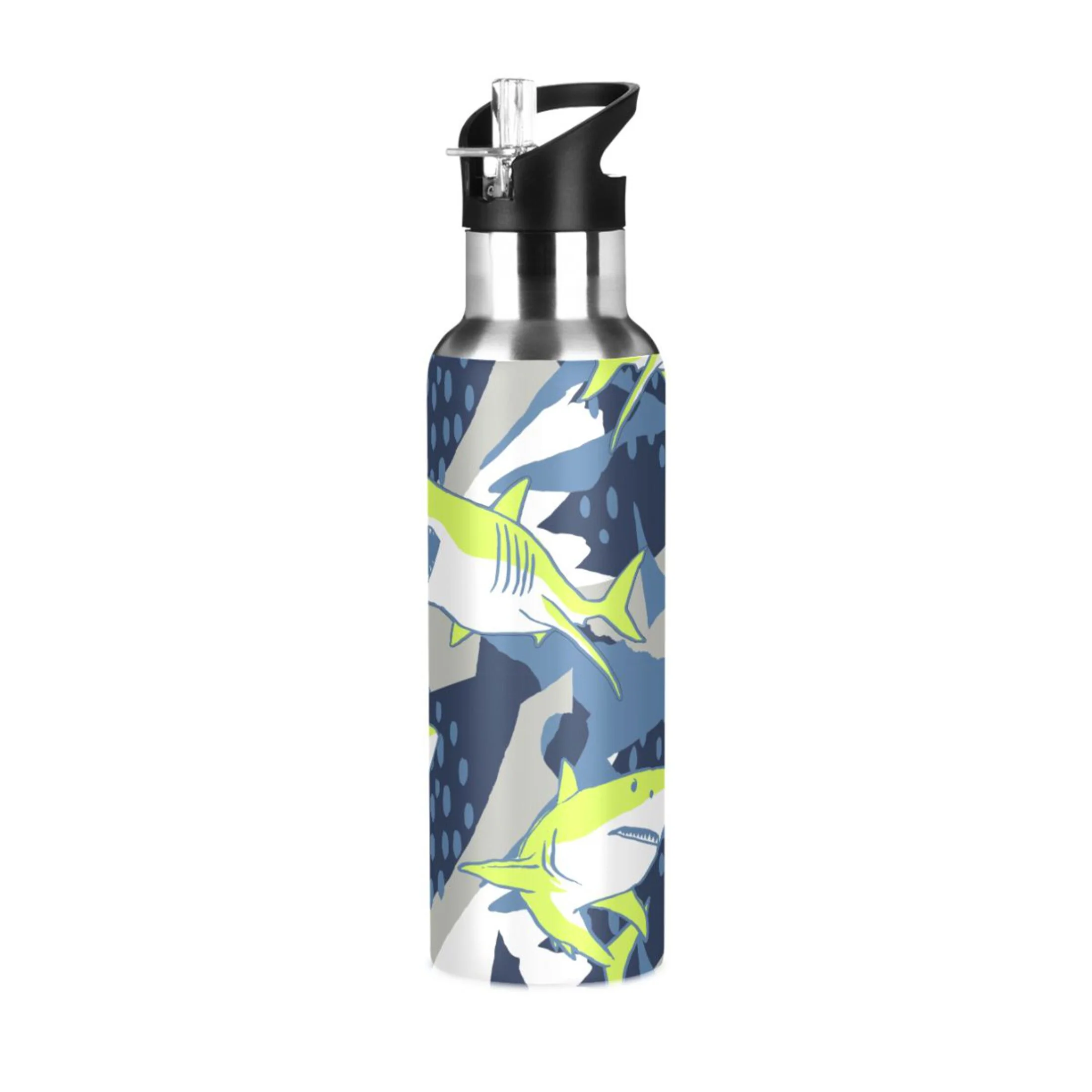 Stainless Steel Water Bottle Vicious Green Shark with Straw Lid Vacuum Insulated Leak Proof Flask Jug for Gym Travel Sports Cycling Outdoor 20 OZ