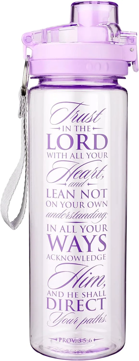 Wide Mouth BPA- Reusable Plastic Sports Water Bottle For Men & Women, Inspirational Scripture W/Locking -Top Lid & Carry Strap, 28 Oz.