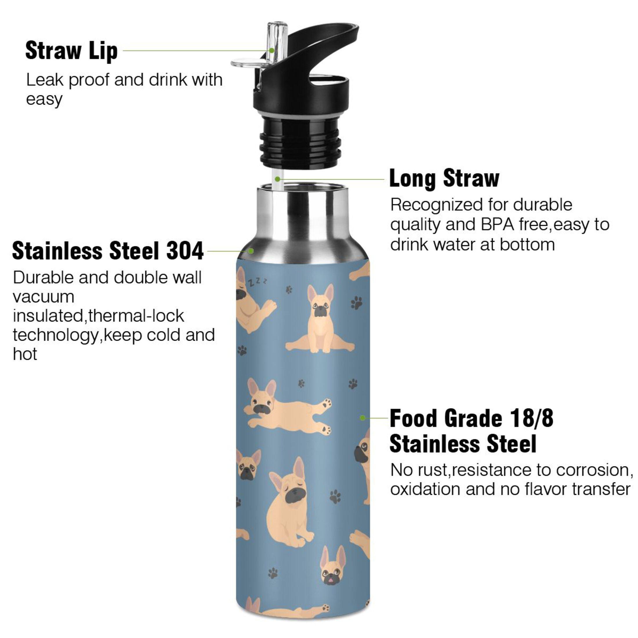 Water Bottle with Straw Lid Leak Dog on Blue Stainless Steel Insulated Thermos Vacuum Flask for Cold Hot Drinking for Sports Camping Gym Yoga
