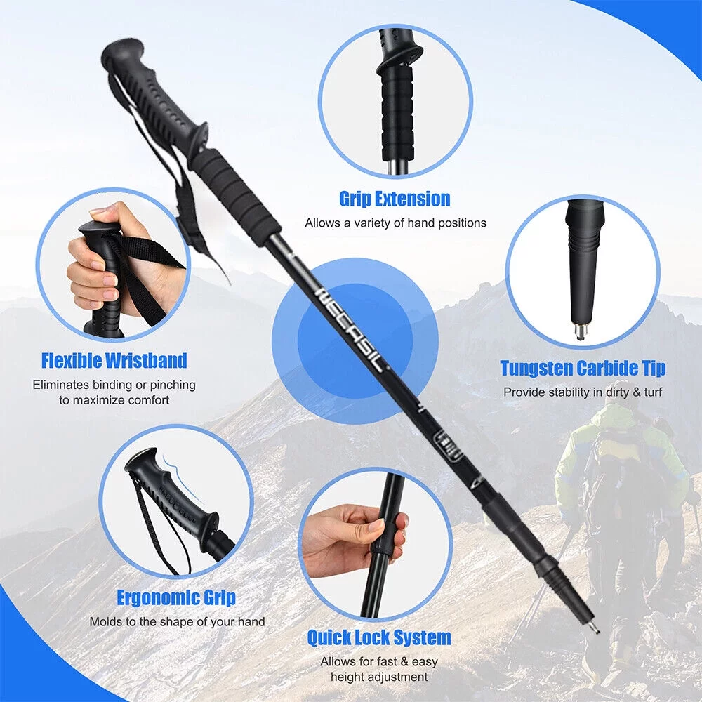 HOMEYA Pair 2 Aluminum Quick Lock Trekking, Hiking Poles, Collapsible Walking Stick Adjustable Alpenstock Anti-shock - Blue