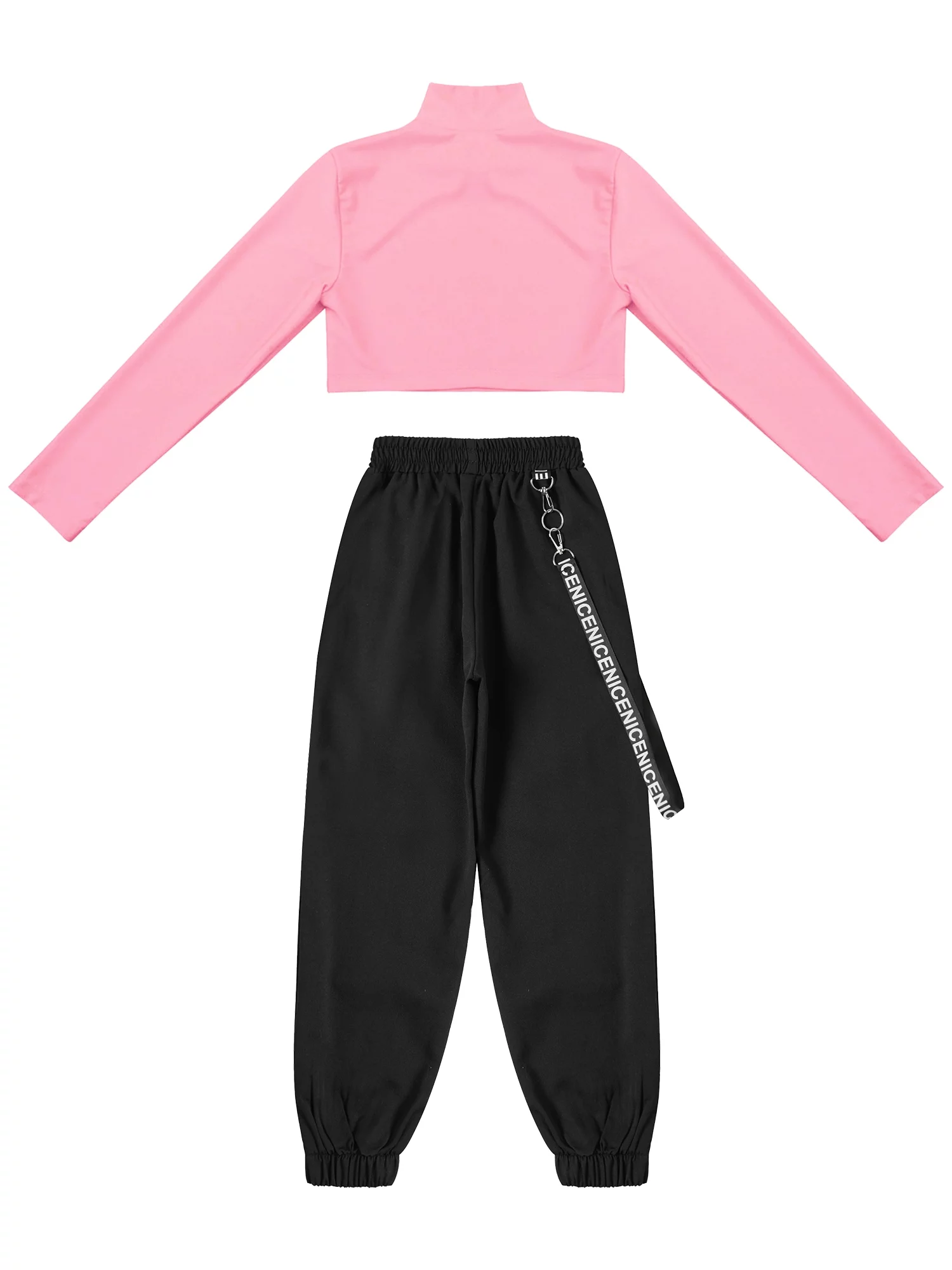 iiniim Kids Girls 2-Piece Hip Hop Dance Outfits Long Sleeve Mock Neck Crop Tops with Chain Pocket Sweatpants