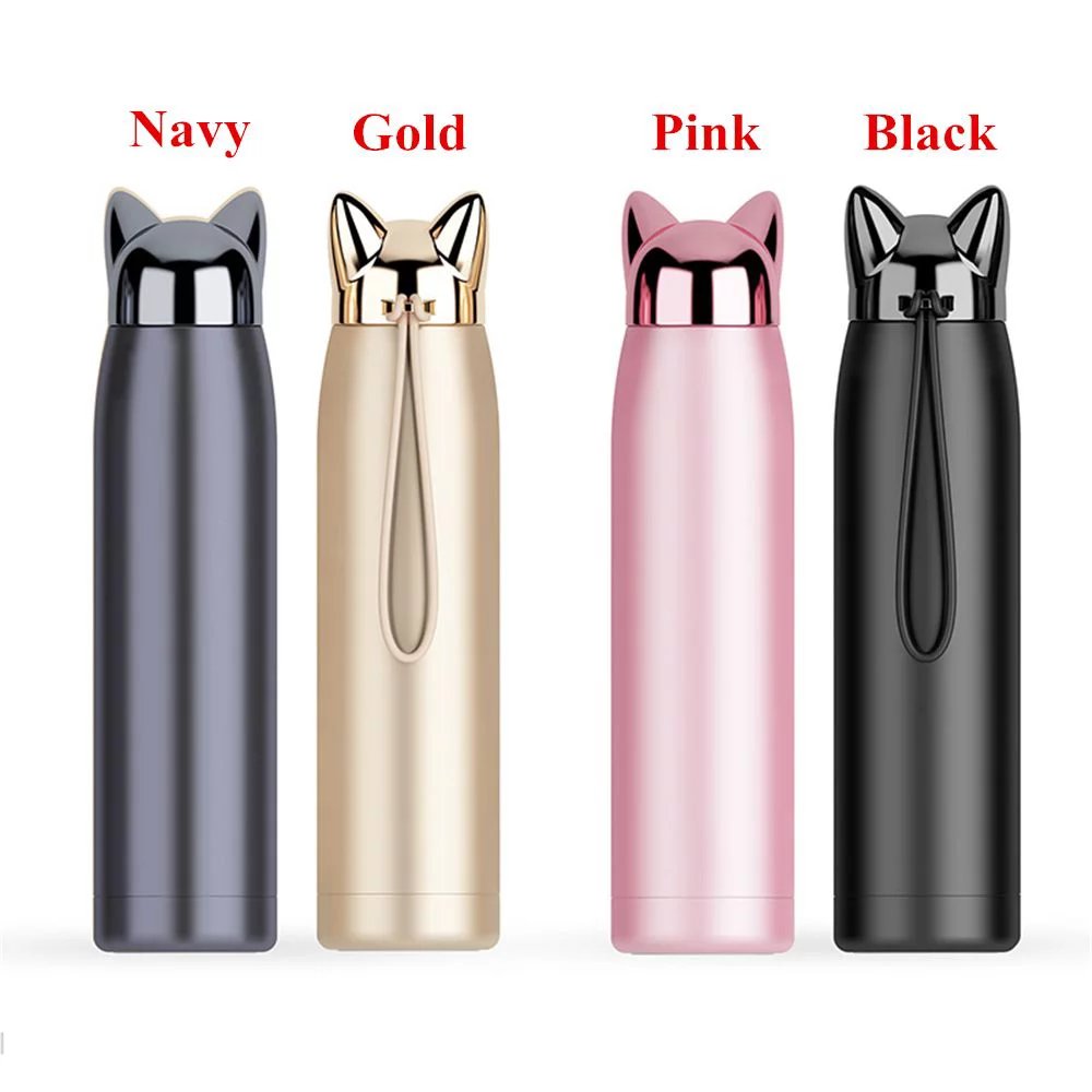 Sport & Gym Cute Insulated Vacuum Drink Flask Coffee Mug Thermal Cup Cat Fox Ear Double Wall Water Bottle NAVY BLUE