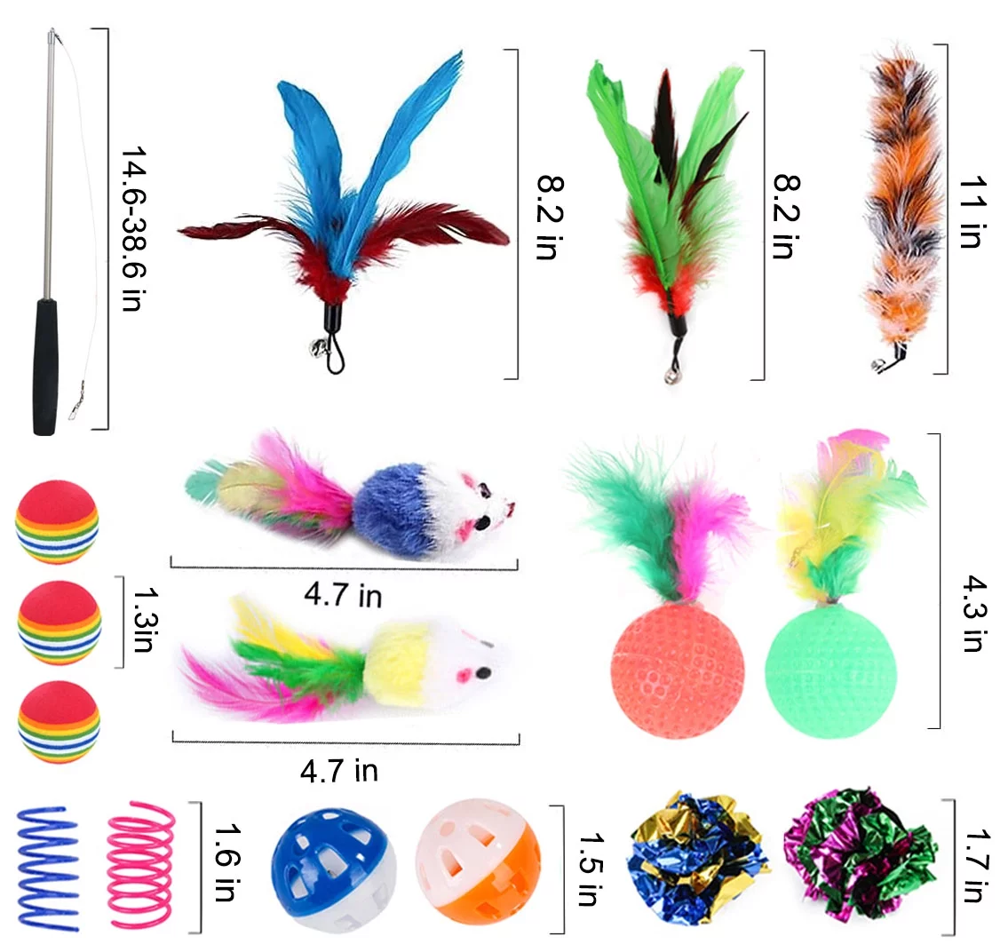 Petimi Cat Toys, Cat Tunnel Toy Set, 18 Pcs of Interactive Fun with Three-Hole Tunnel, Interactive Feather Toy, Cat Springs, Jingle Balls and Fluffy Mouse