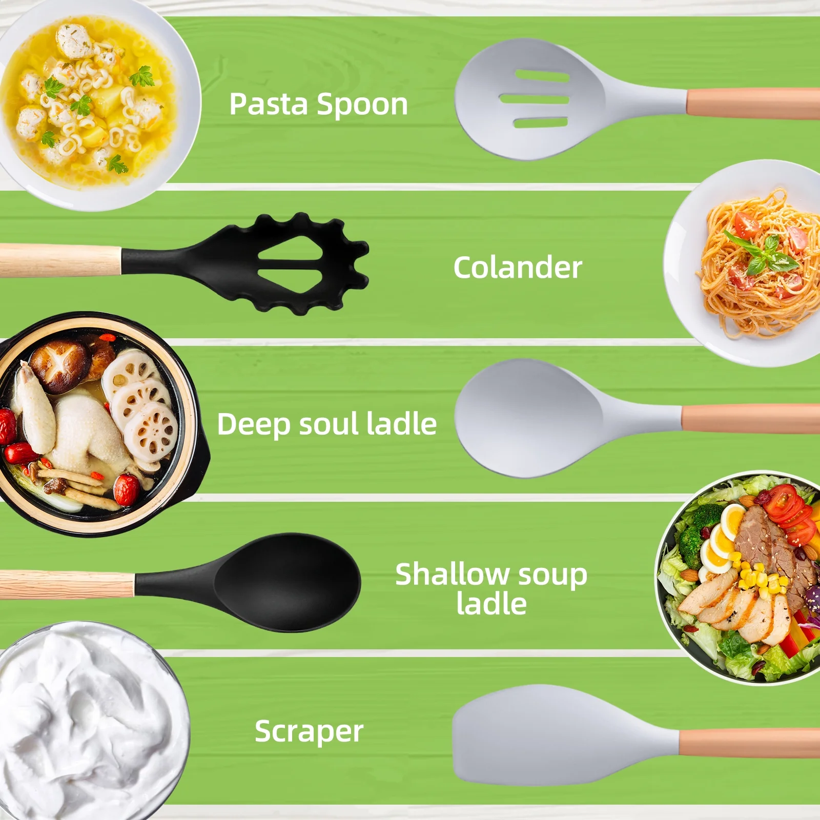 Anself Kitchen Utensils Set- 19PCS Silicone Cooking Utensils with Holder, Heat Resistant Kitchen Utensil Spatula Set for Nonstick Cookware, Black Wooden Handles Kitchen Gadgets Tools Set