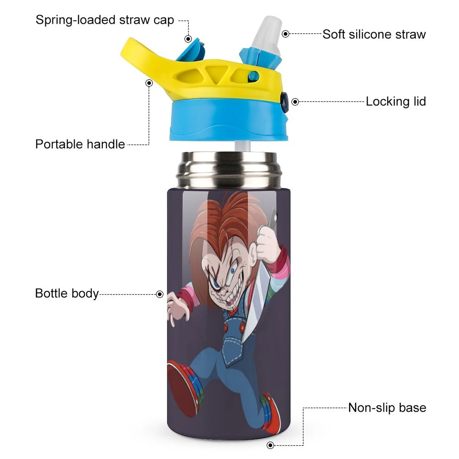 Cartoon Chucky Kid's Insulated Water Bottle With Straw Vacuum Stainless Steel Cup Leak-Proof Children Toddler Thermoses
