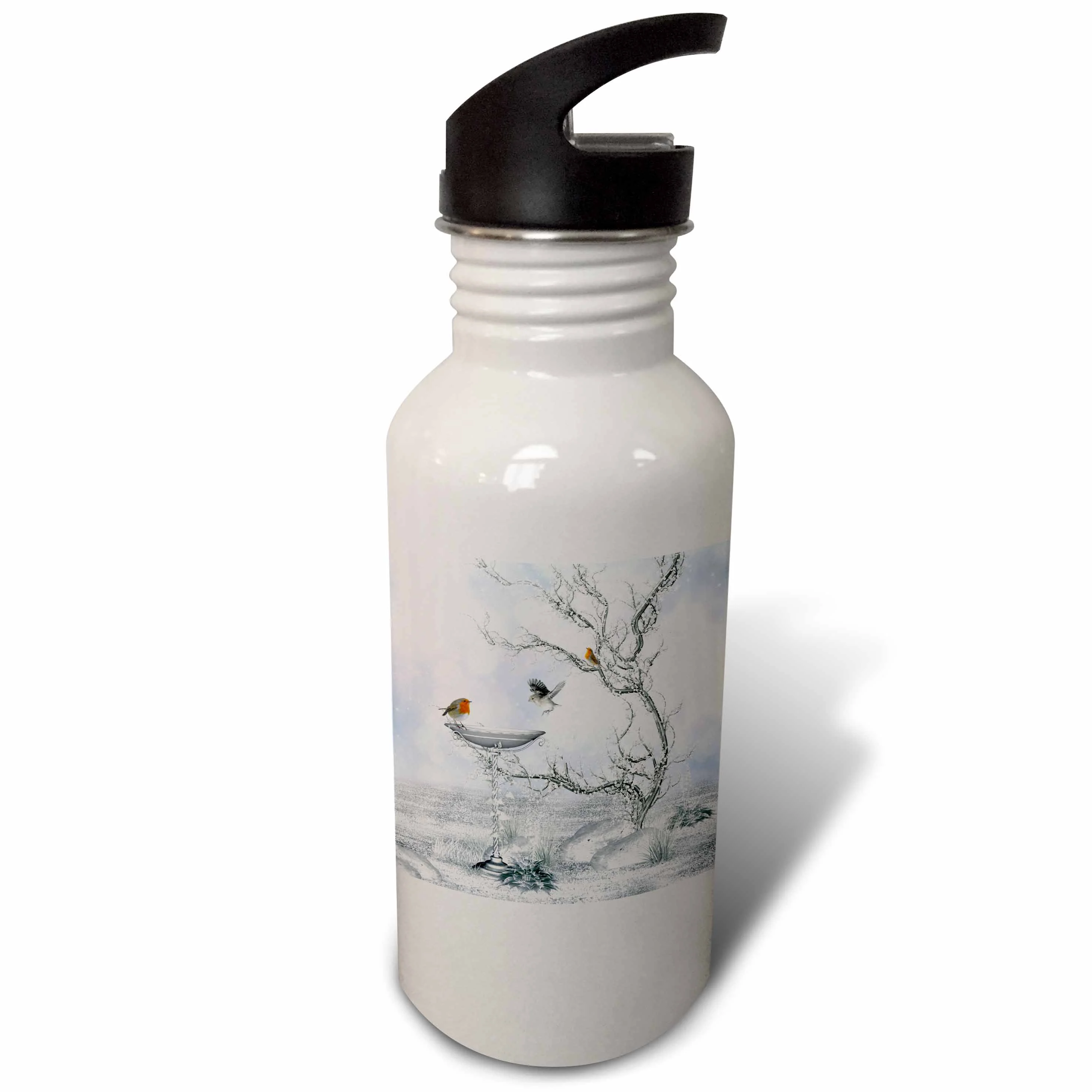Winter landscape bird snow ice bush 21 oz Sports Water Bottle wb-172217-1