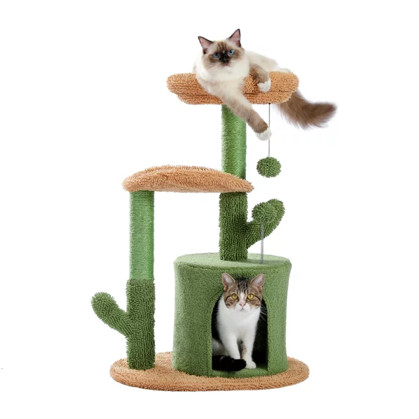 Fithood Cactus Cat Tree Cat Tower with Warmy Condo, Plush Perches, Sisal Scratching Post and Fluffy Balls for Small and Medium Cats