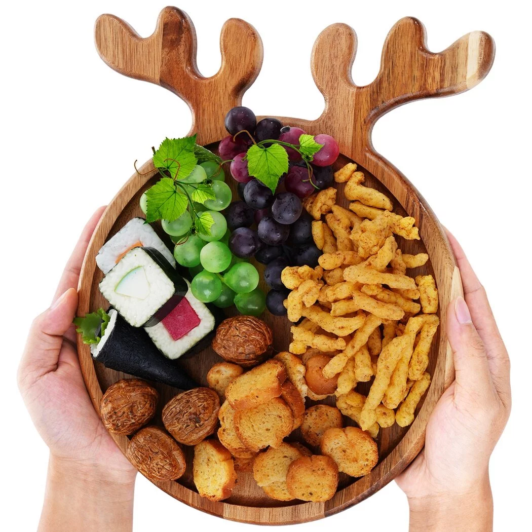 Solid Wooden Serving Platter with Antler Handle, Creative Breakfast Afternoon Tea Tray Wooden Fruit Platter Snack Plate Wooden Tray Decor Dish, Gift for Christmas Wedding Birthday