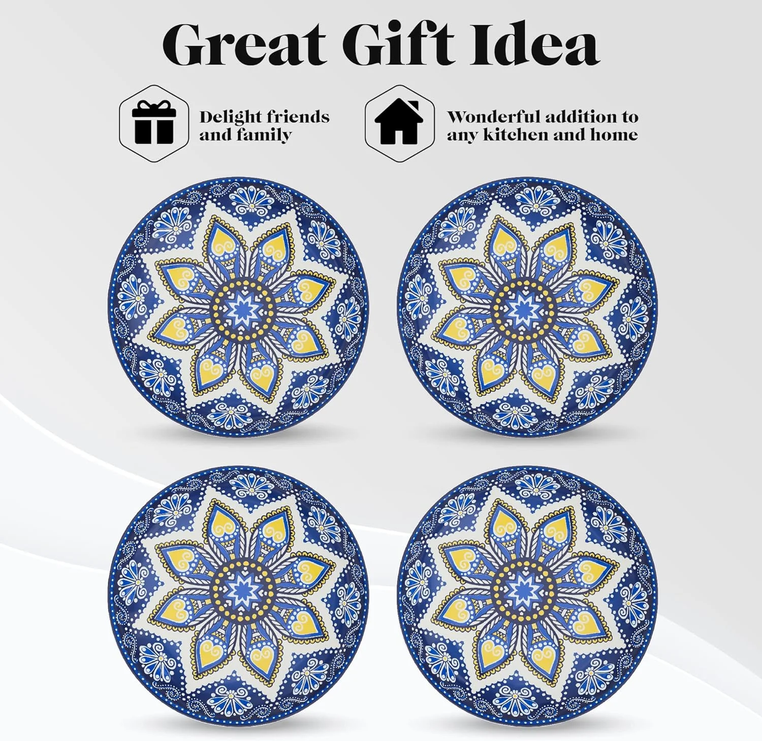 Pasa Bowls | Se Of 4 | Large, 9-Inch, Dinner Serving Plaes | Wide And Shallow Bowls Se For Pasa, Salad, Soup, Spaghei, Sews, Or Cereal | Blue & Yellow Medallion Moif