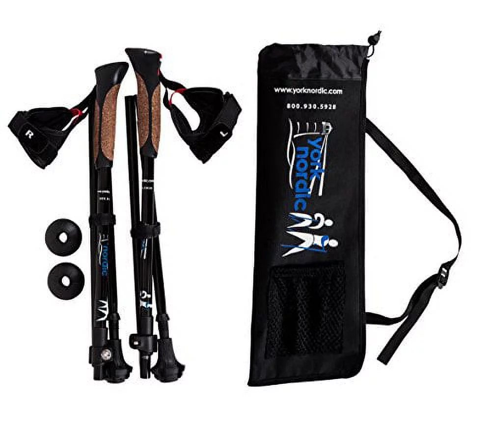 York Nordic Ultralight Shorter Length Traveler Trek Folding Walking Poles - 8 oz Each - w/Carrying Bag & Rubber Feet, 5ft 4in and Under