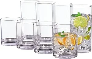 US Acrylic Classic Clear Plastic Reusable Drinking Glasses (Set of 8) 12oz Rocks & 16oz Water Cups , BPA-Free Tumblers, Made in USA , Top-Rack Dishwasher Safe