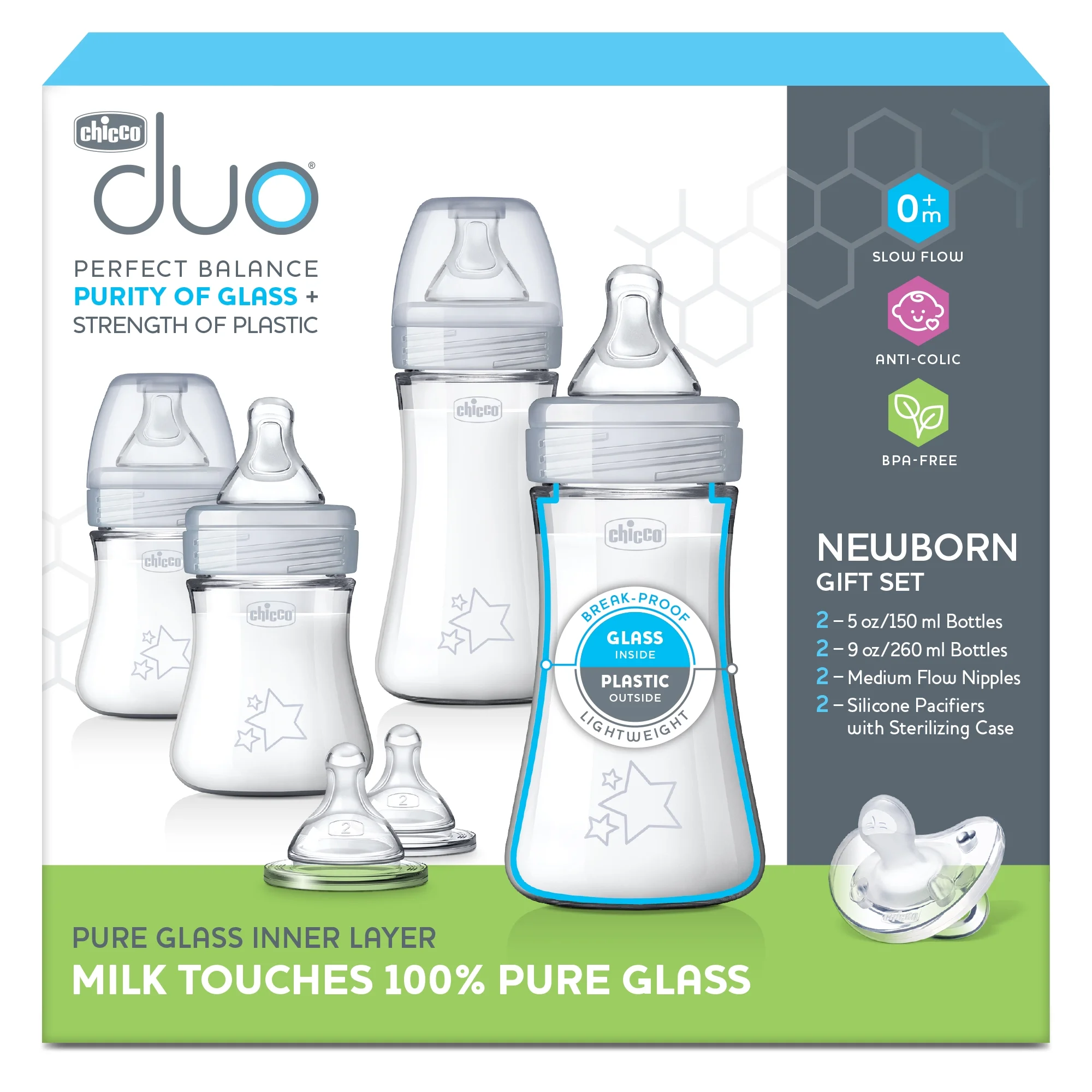 Chicco Duo Newborn Hybrid Baby Bottle Gift Set with Invinci-Glass Inside/Plastic Outside - Neutral