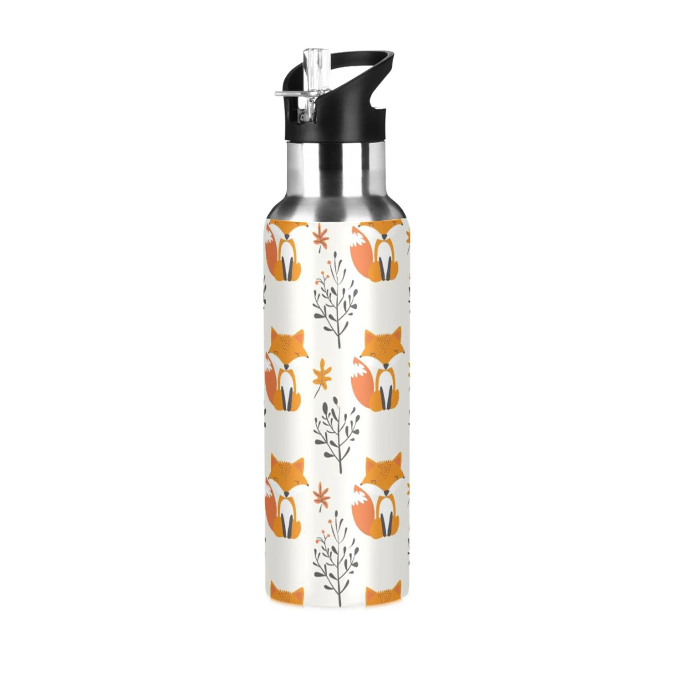 Fox and Leaves Water Bottles Insulated Thermos Kids Stainless Steel Bottle with Straw Lid Flask Leakproof for Sports Gym 20 oz