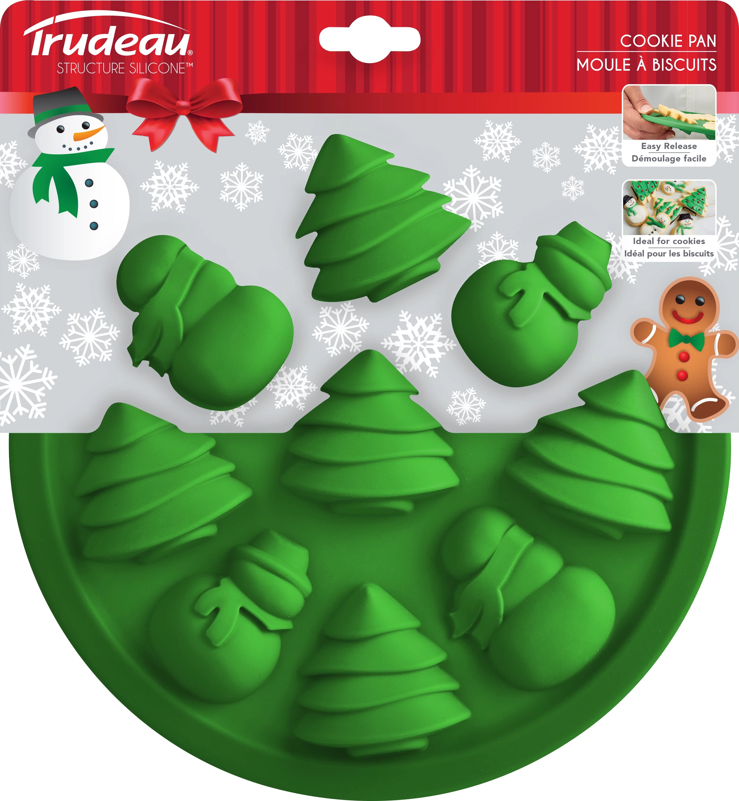 Trudeau Christmas Tree and Snowman Muffin Cake Pan, Structured Silicone, 9