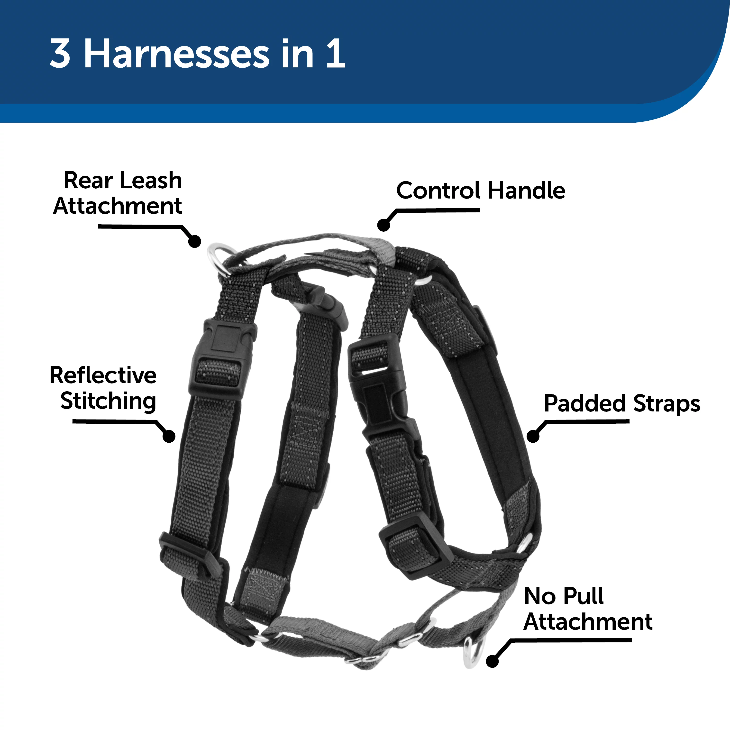 PetSafe 3 in 1 Harness with Two Point Control Leash, Large, Black