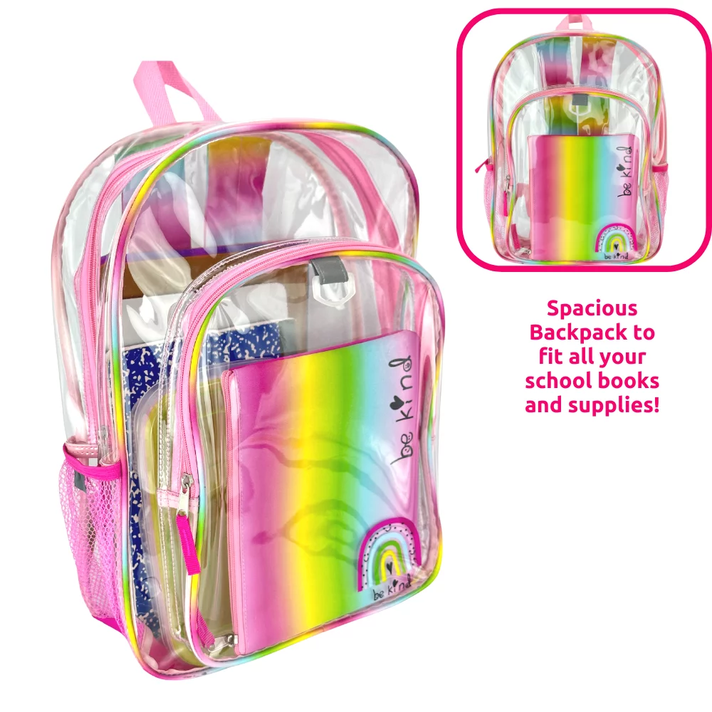 CLUB LIBBY LU Girls Clear Backpack Rainbow Clear Book Bag with Pencil Pouch School and Safety Compliant 16 inch