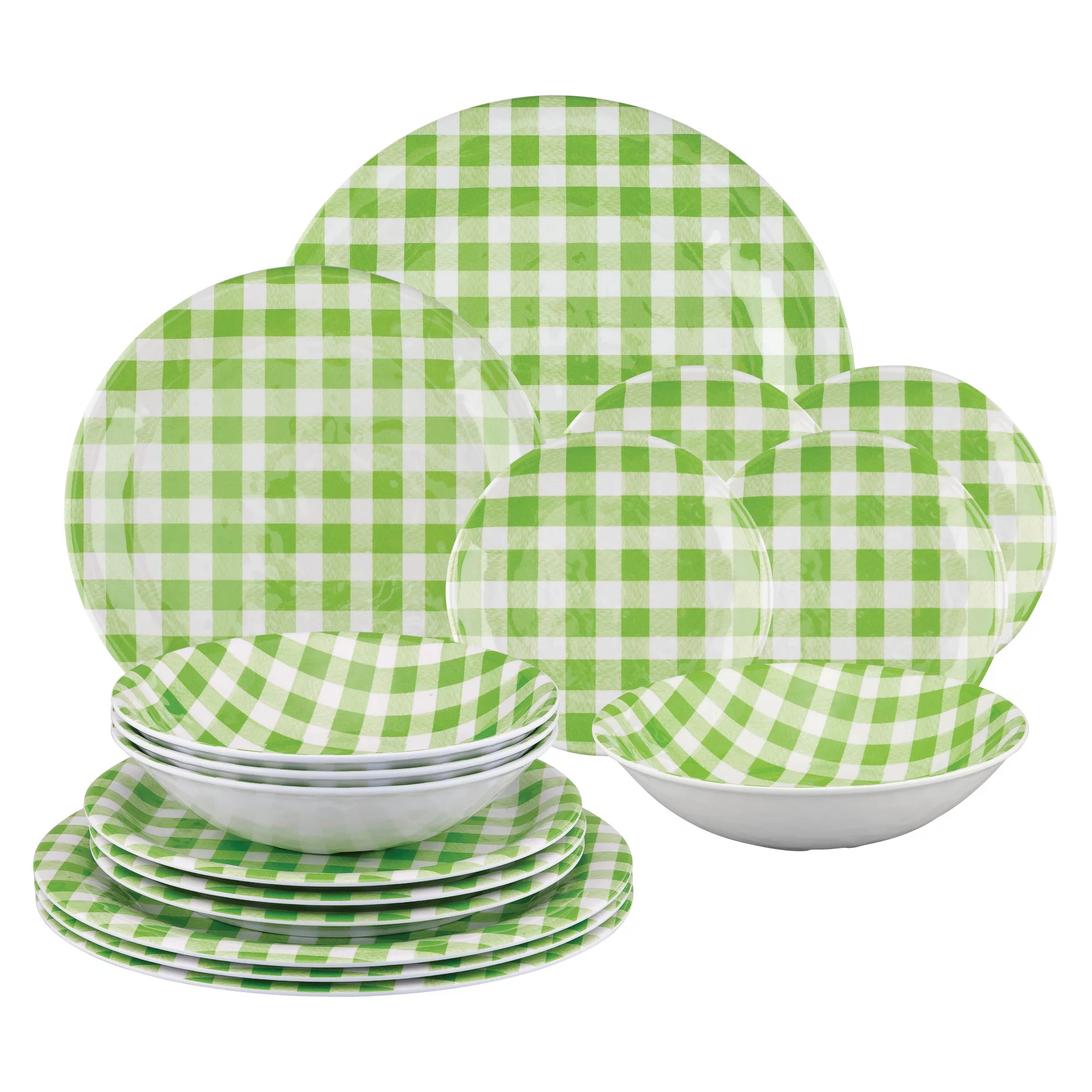 Gourmet Art 16-Piece Melamine Dinnerware Set, Includes Dinner Plates, Salad Plates, Dessert Plates, Bowls, Service for 4. (Green Gingham)