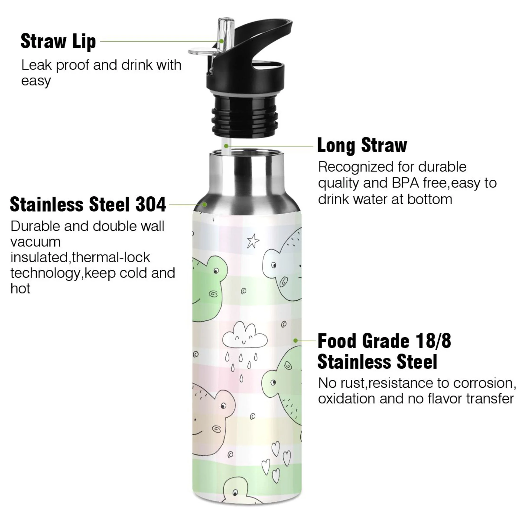 Water Bottle with Straw Lid Leak Cute Frog Stainless Steel Insulated Thermos Vacuum Flask for Cold Hot Drinking for Sports Camping Gym Yoga
