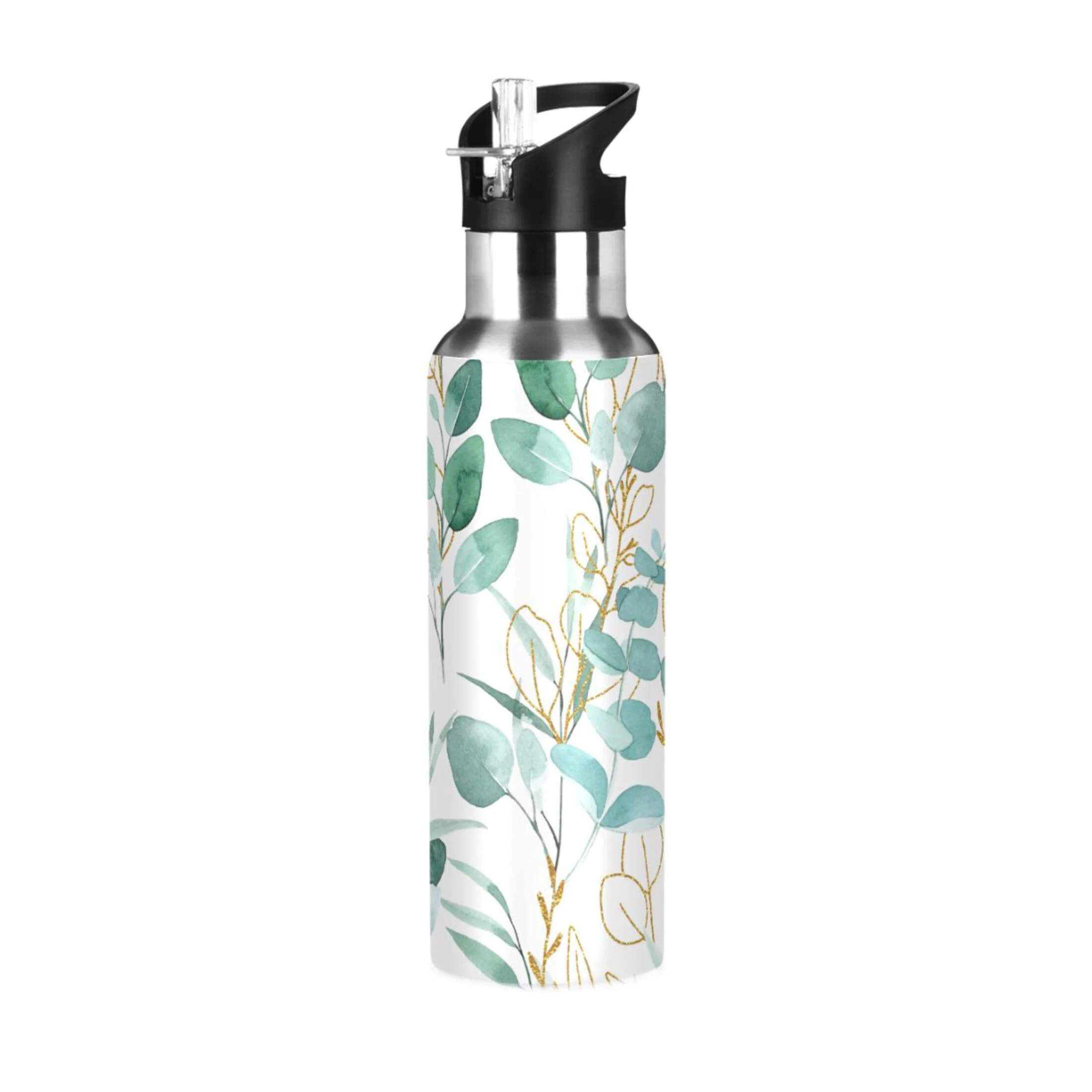 Stainless Steel Water Bottle Leaves Green Tropical Plant with Straw Lid Vacuum Insulated Keeps Hot and Cold Leak Proof Flask Jug for Gym Travel Sports Cycling Outdoor 20 OZ