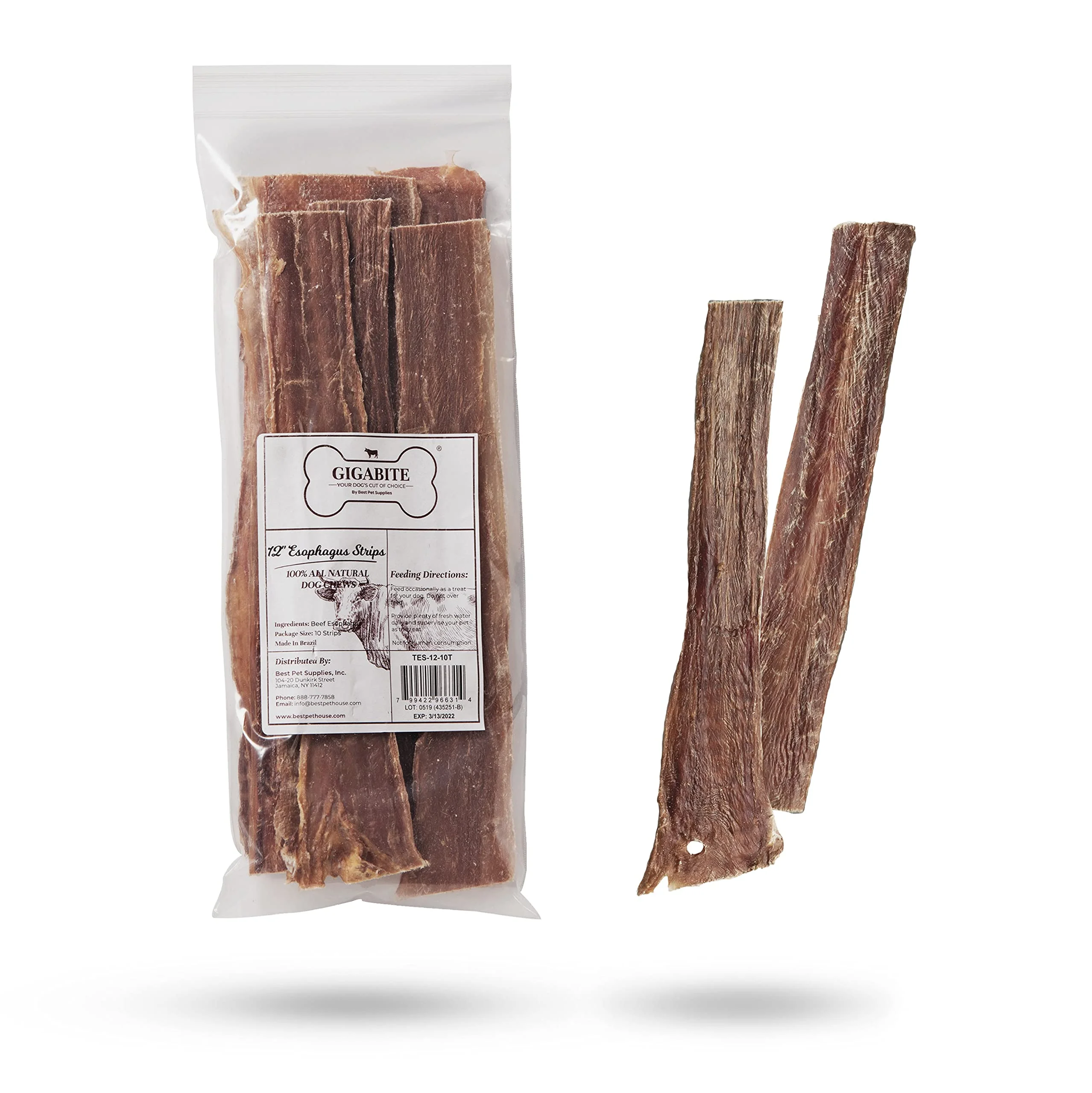 GigaBite 12 Inch Beef Esophagus Dog Treat Strips by Best Pet Supplies - Pack of 10, TES-12-10
