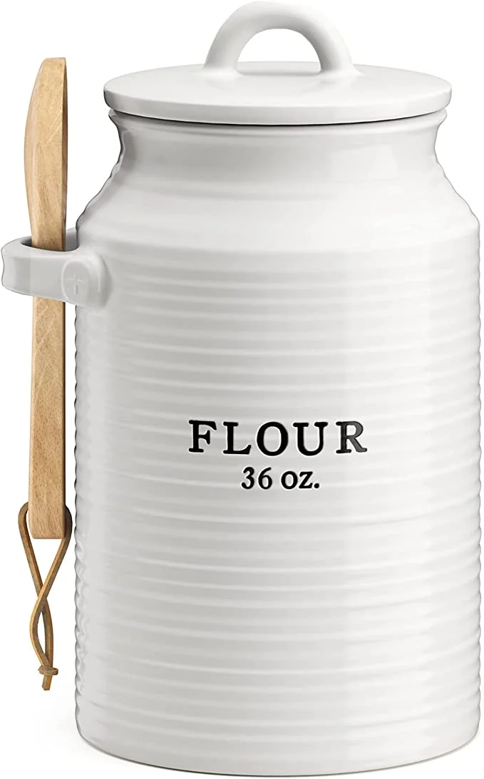 Barnyard Designs Flour Kitchen Canister for Countertop, Farmhouse Canisters, Ceramic Canister, Large Canisters for the Kitchen, Countertop Canisters, Ceramic Jar, White, 5.5
