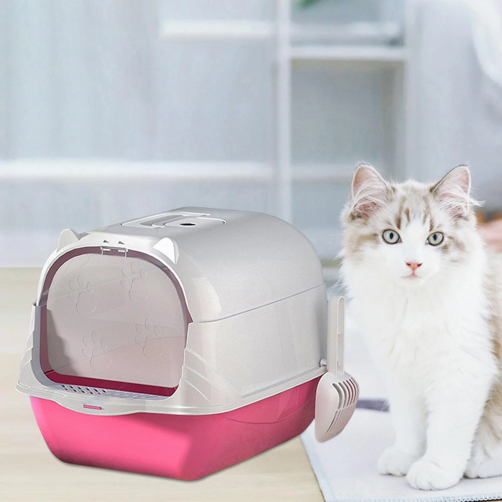 Enclosed and Covered Cat Toilet Bedpan Pet Litter Tray Hooded Cat Litter Box Pink