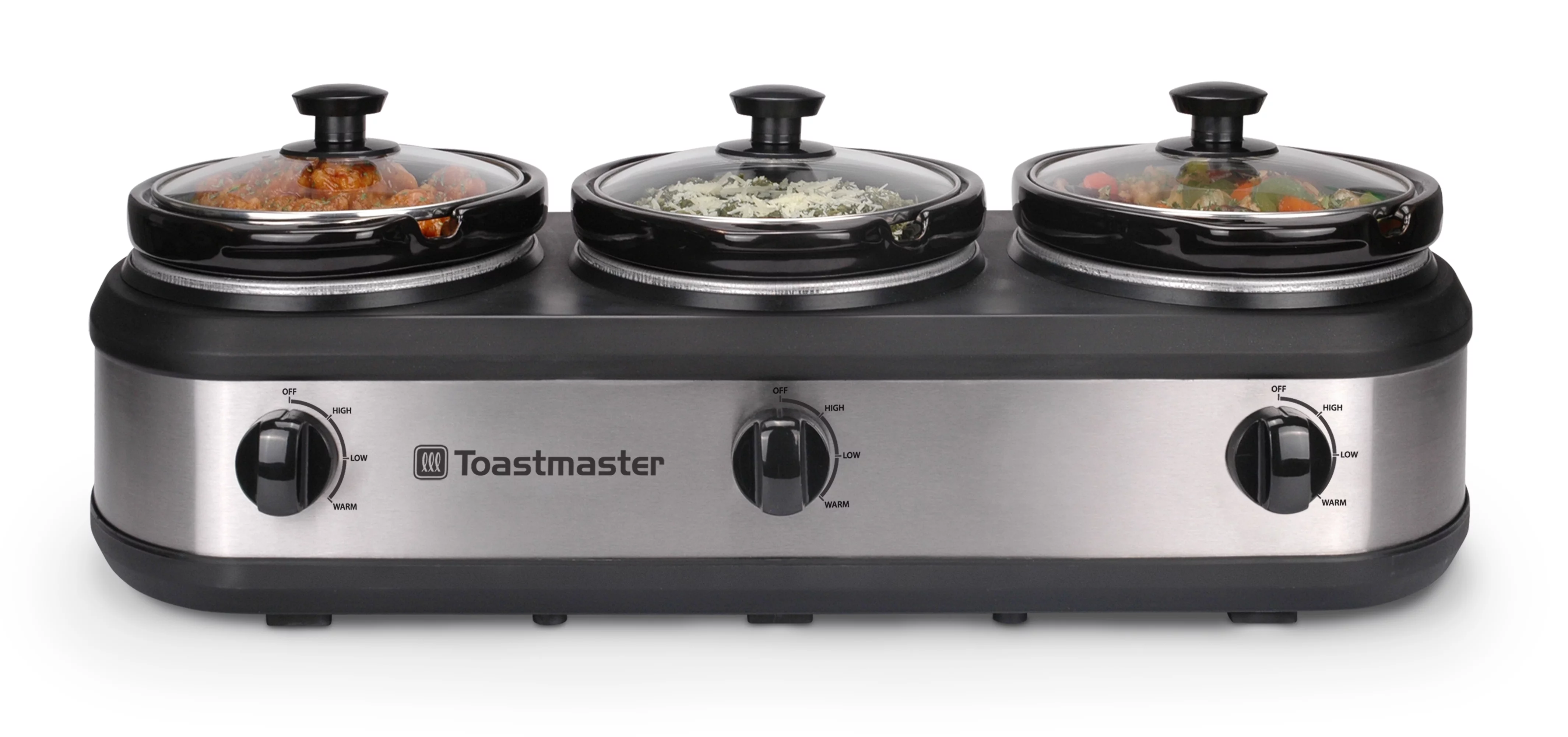 Toastmaster Triple 1.5 Qt Slow Cooker, Stainless Steel Buffet Server with Black Accents, Model TM-318BS
