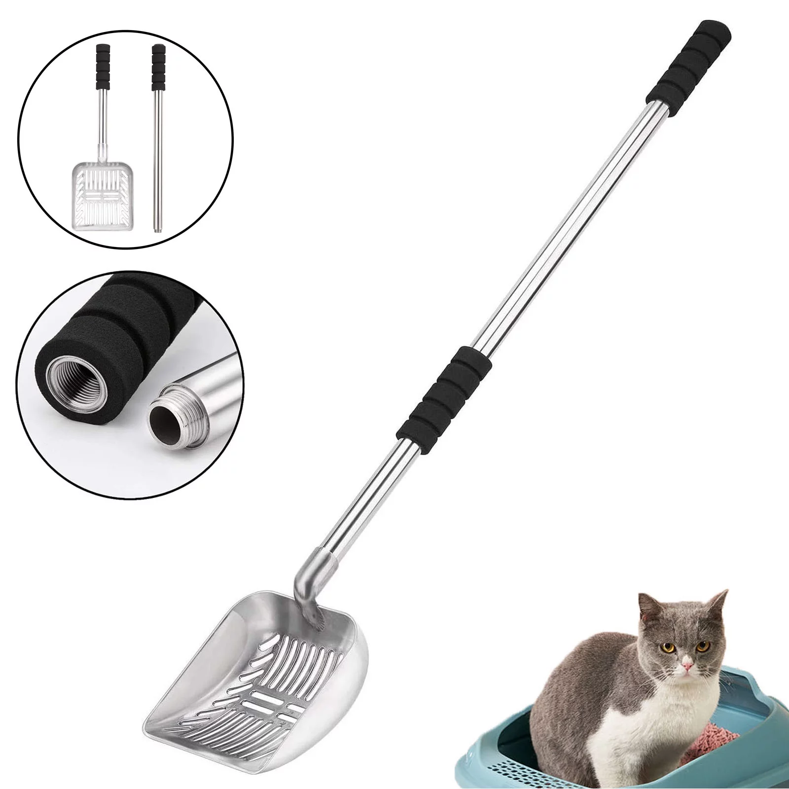 FunChaos Expandable Metal Cat Litter Scoop, No Bending Back Cat Poop Scooper with Long Stainless Steel Handle and Deep Shovel, Non-Stick Kitty Litter Scoop for Kitten Kitty Cat