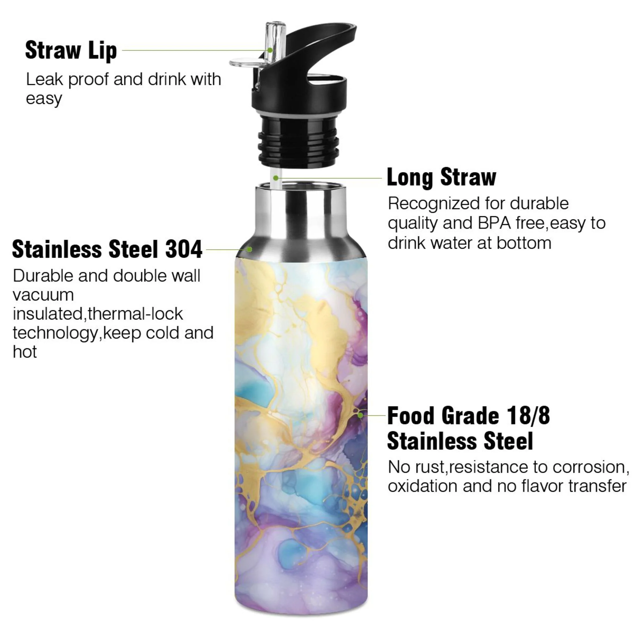 Water Bottle with Straw Lid Leak Purple and Gold Blue Marble Stainless Steel Insulated Thermos Vacuum Flask for Cold Hot Drinking for Sports Camping Gym Yoga