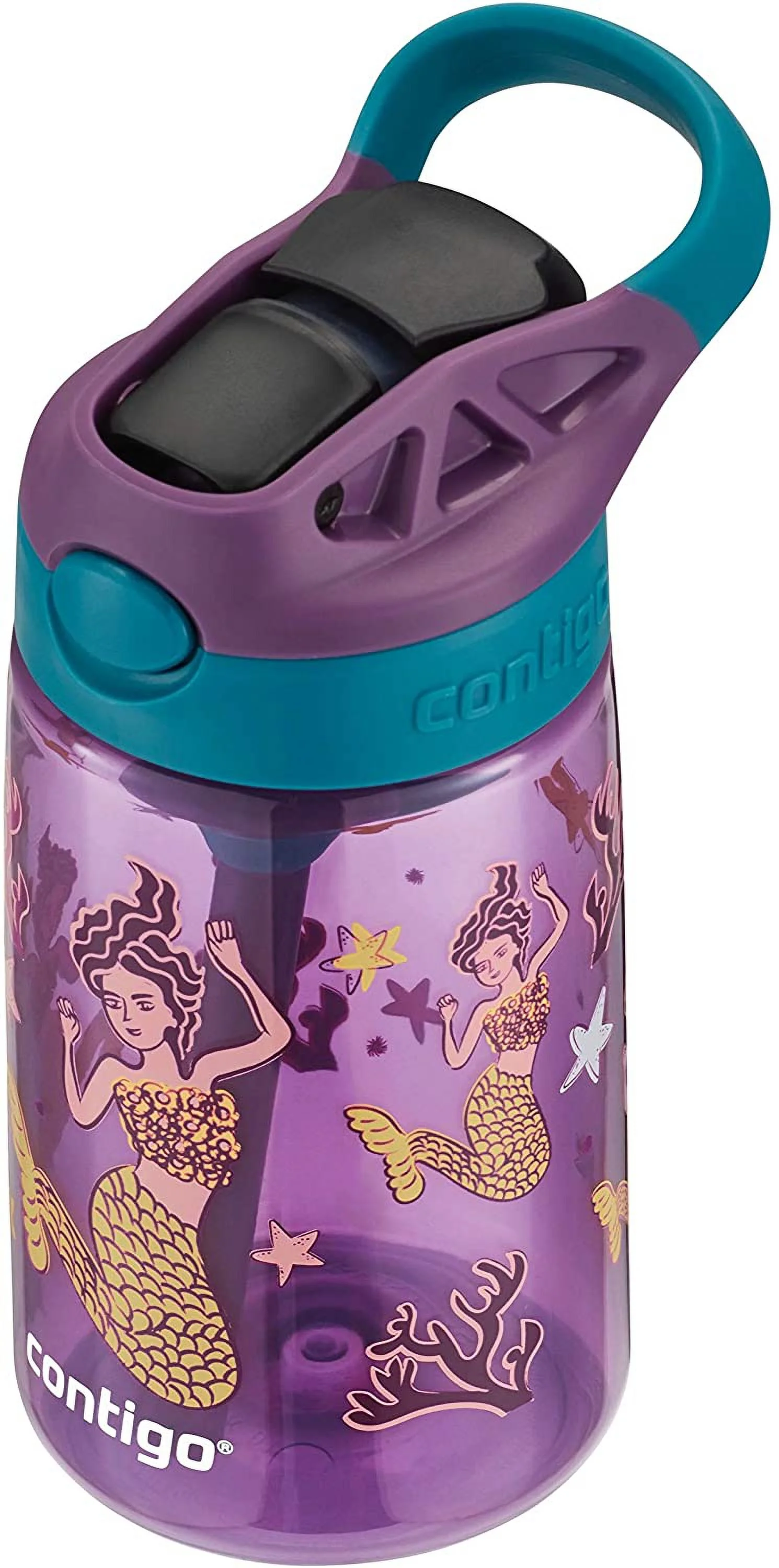 Contigo Aubrey Kids Cleanable Water Bottle with Silicone Straw and Spill-Proof Lid, Dishwasher Safe, 14oz, Purple Mermaid