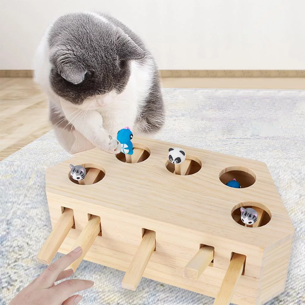 Wooden Cat Toy Box, Kitten Toy Puzzle Box with Cartoon Animal, Cat Toys - 5 Holes