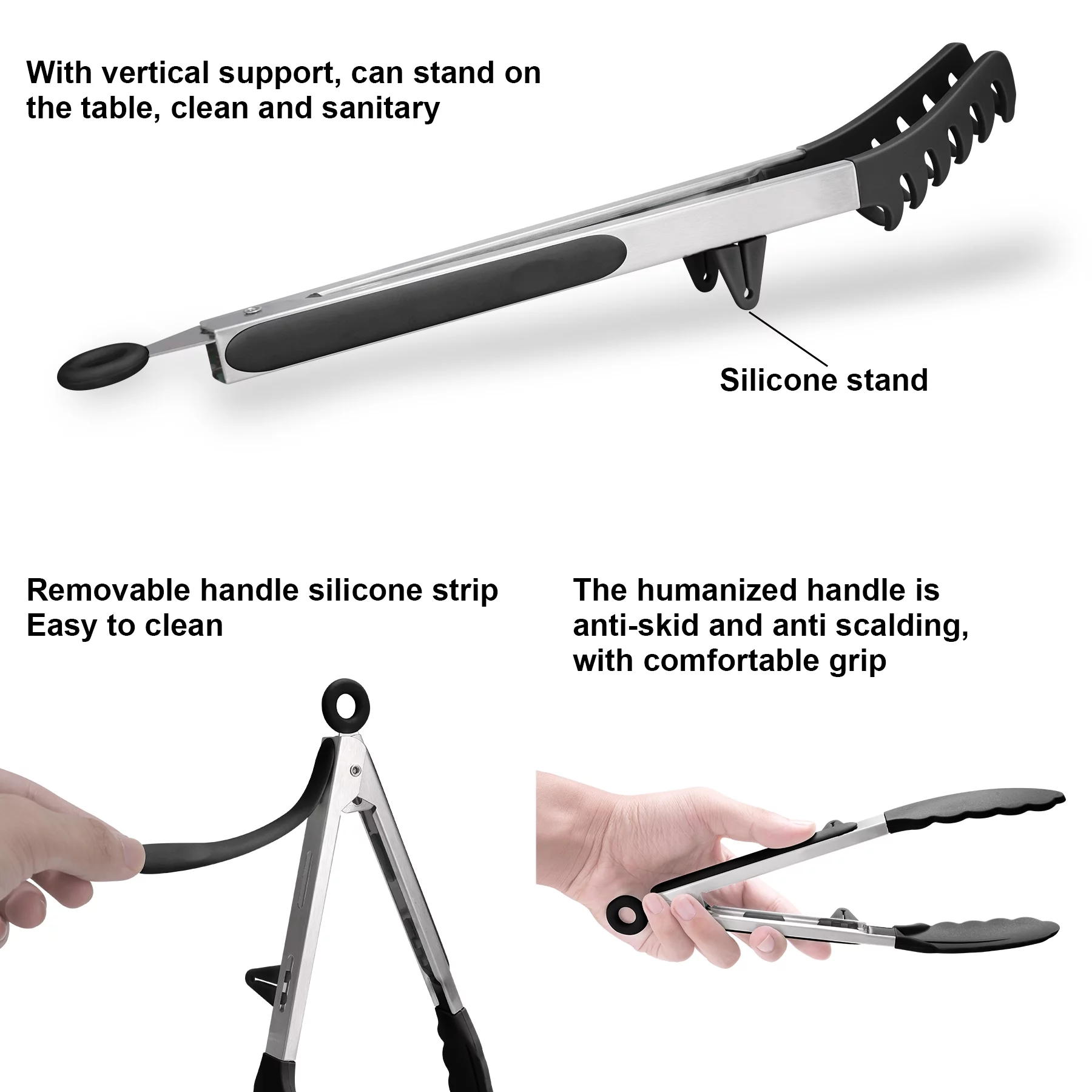 4in1 Stainless Steel Kitchen Food Tongs Set for Cooking with BPA Free Silicone Tips, Toaster Steak Pie Pizza Pasta Spaghetti Noodles Salad Fruit Vegetable Grill BBQ Buffet Clamp Serving Tools Gadgets