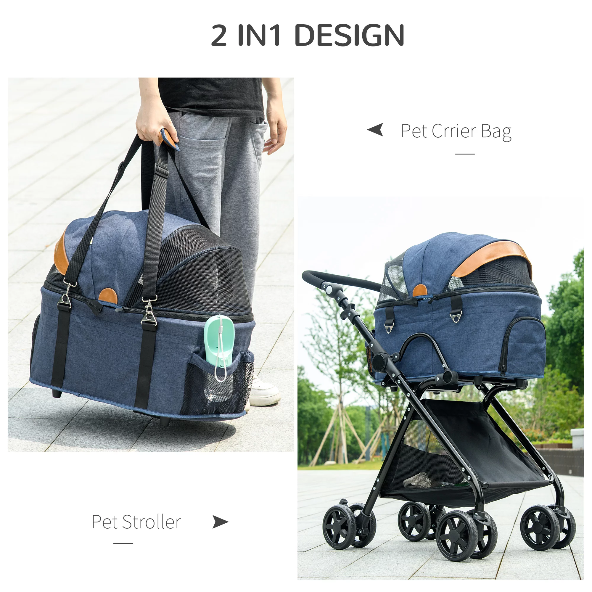 PawHut 2 in1 Foldable Pet Stroller and Detachable Travel Carriage with Lockable Wheels, Adjustable Handlebar Canopy and Zippered Mesh Window Blue