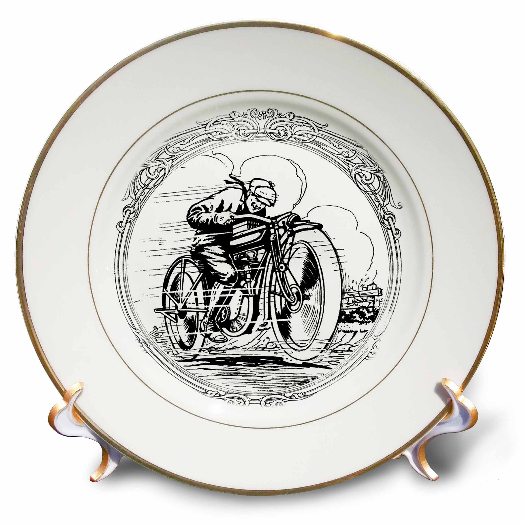 3dRose Black and White Motorcycle - Porcelain Plate, 8-inch