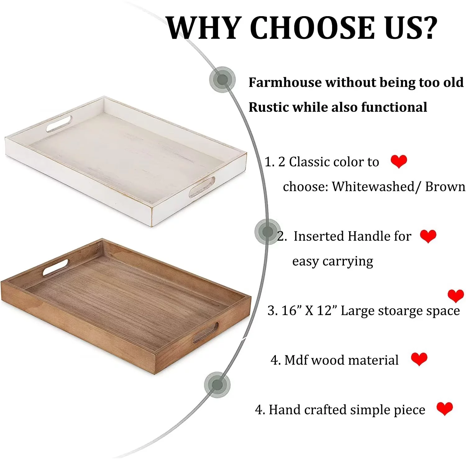 Hanobe Serving Tray Decorative Wooden Coffee Table Ottoman Tray with Handles White Decor