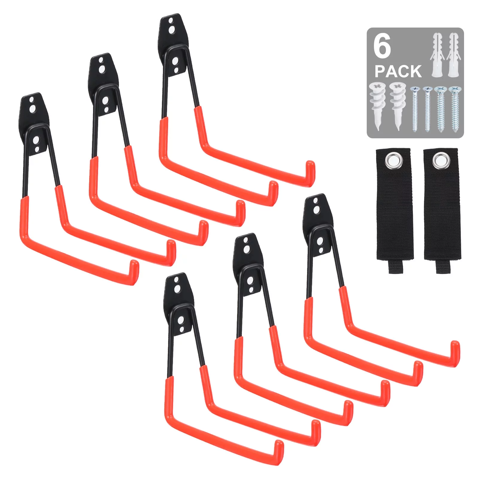 Garage Hooks Wall Mount Garage Hanger Utility Garage Storage Hooks Tool Hangers with 2 Straps, Orange 6 Pack