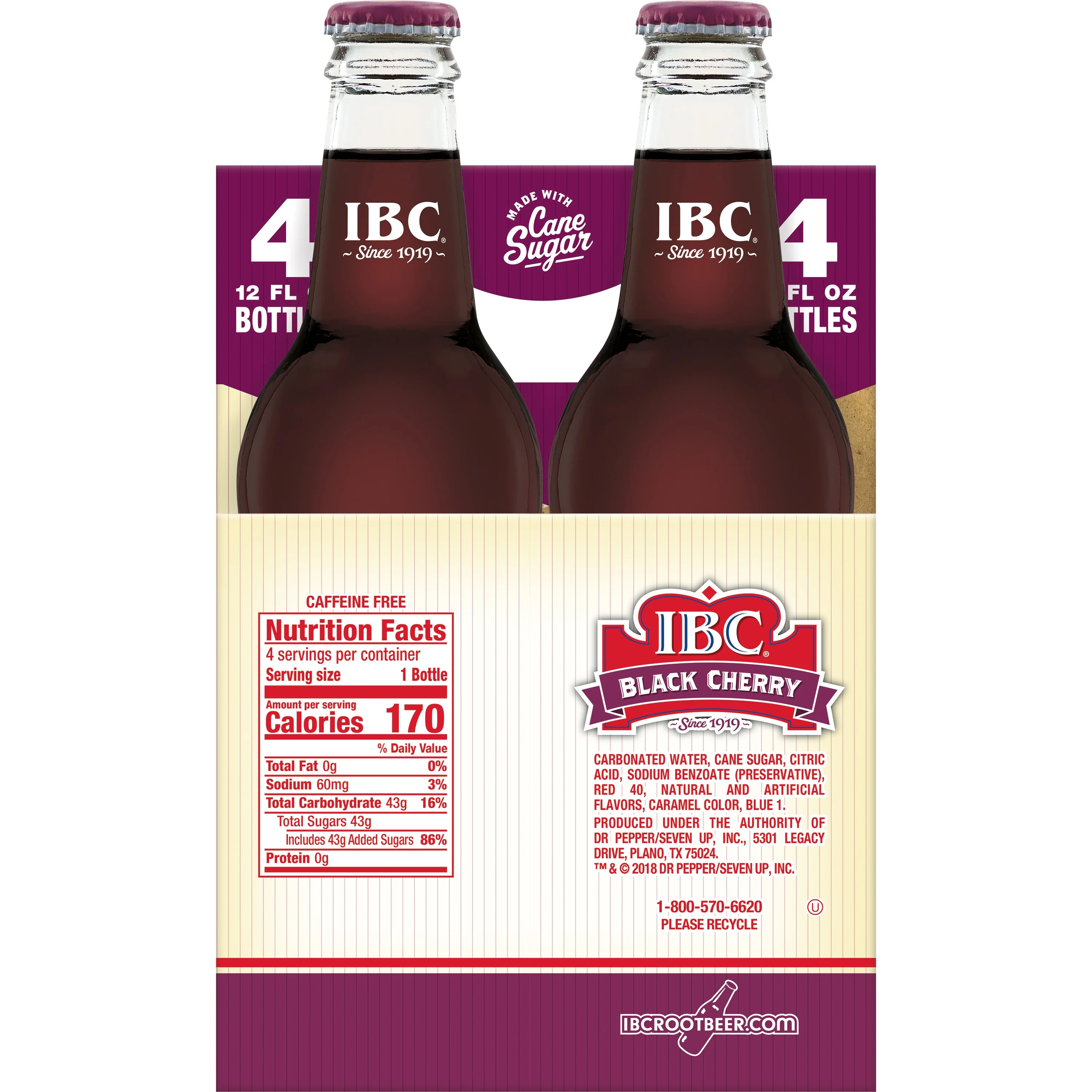IBC Black Cherry Made with Sugar Soda, 12 fl oz, 4 Pack Glass Bottles